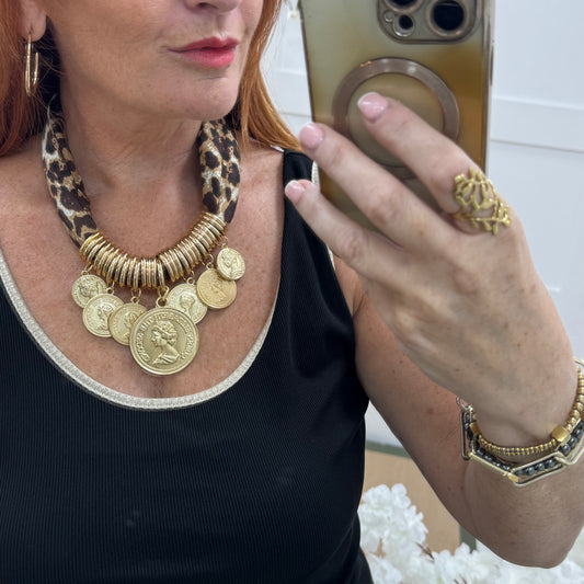 Petra: Leopard print & gold coin scarf statement necklace