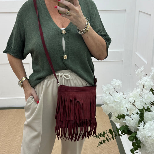 Tanya: Burgundy real suede tassel cross body bag.