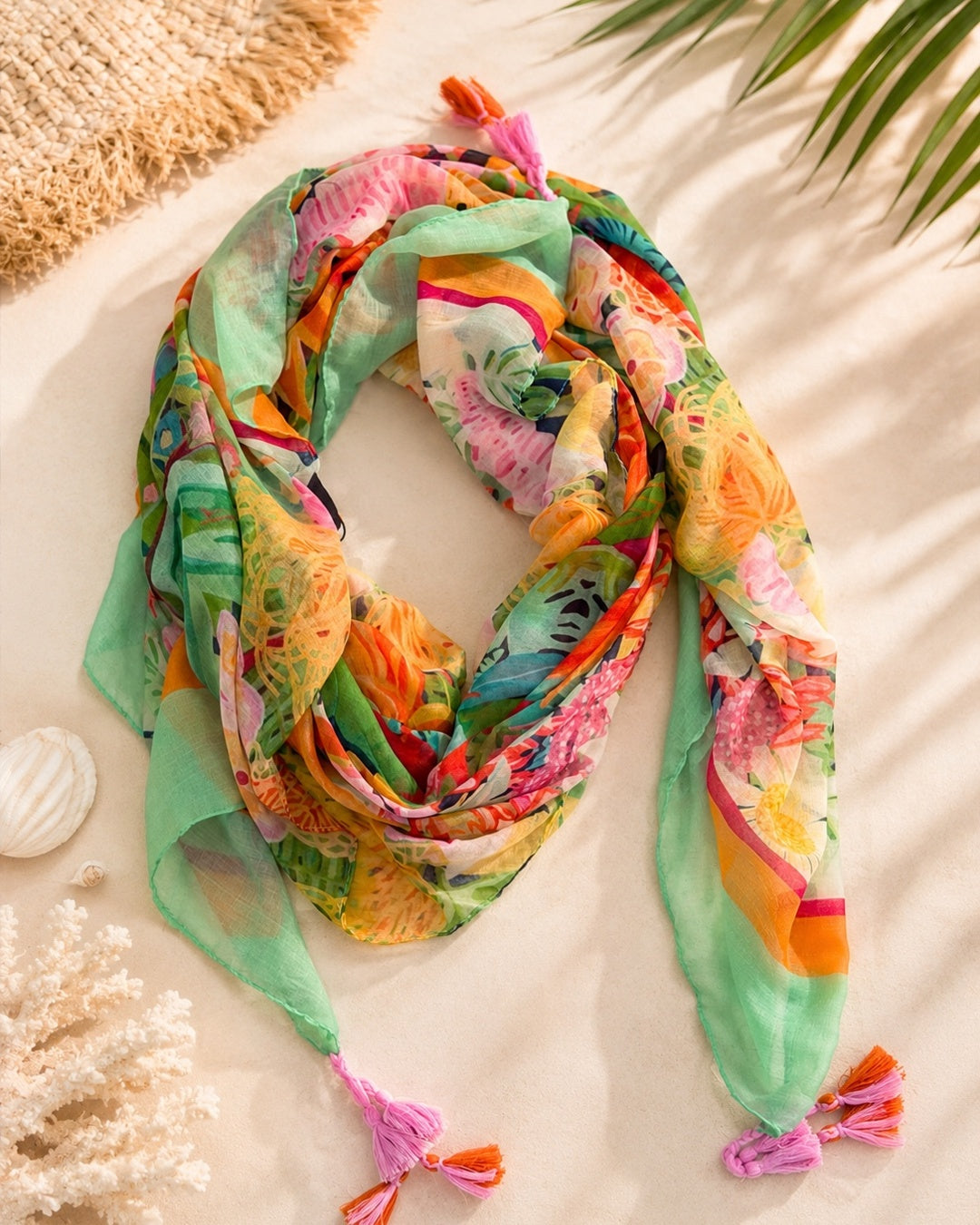 Fran: Multicoloured floral tassel scarf
