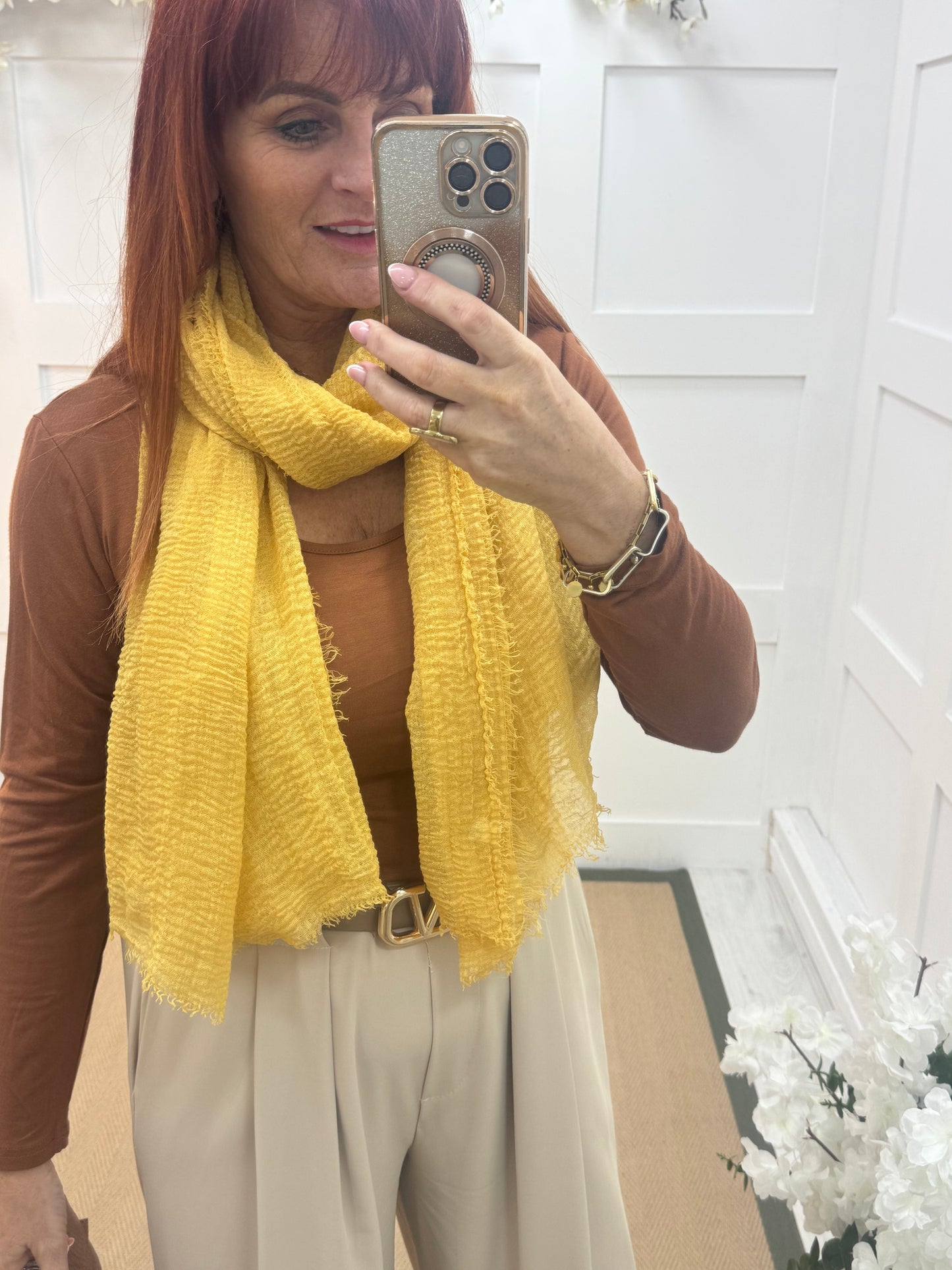 Tula: Yellow long frayed raw edge scarf. One size