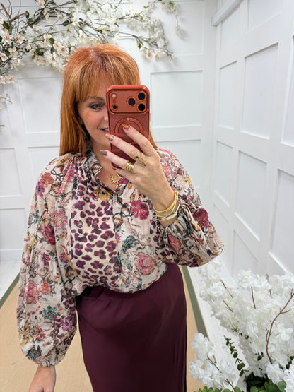 Blair: Multicoloured floral & animal print blouse. One size: 12-18
