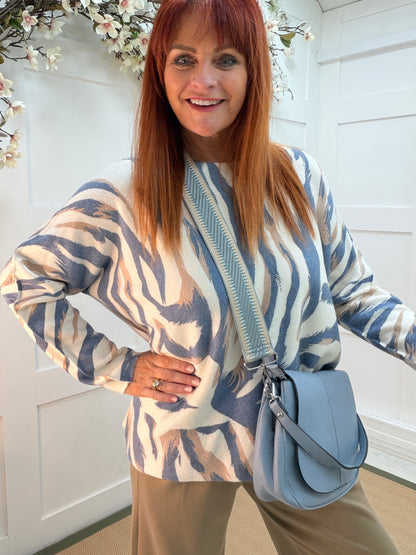 Lilia: Denim blue & mocha zebra print long sleeve top. One size: 12-20