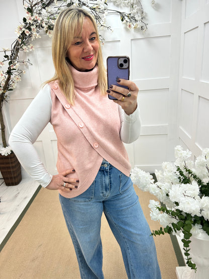 Carmen: Pink sleeveless cowl neck wrap top. One Sz: 10- 16