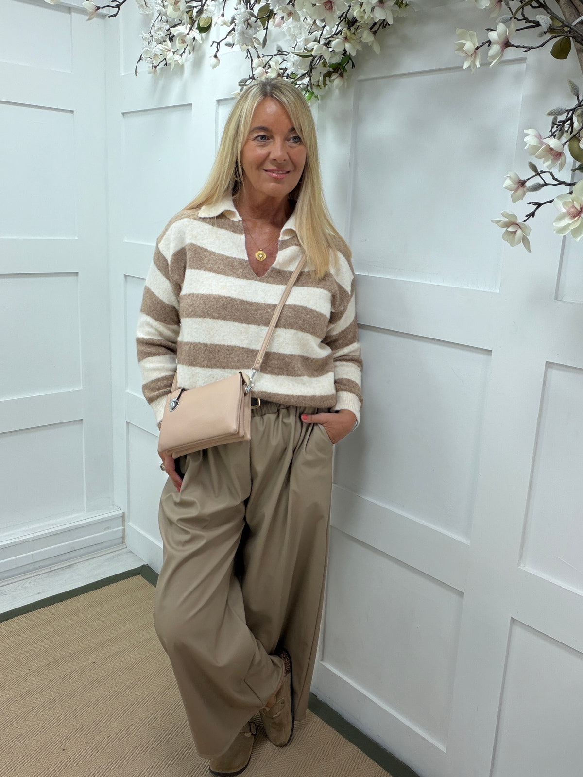 Solana: V neck collared long sleeve striped soft knit top. One size: 12-18. 2 colours