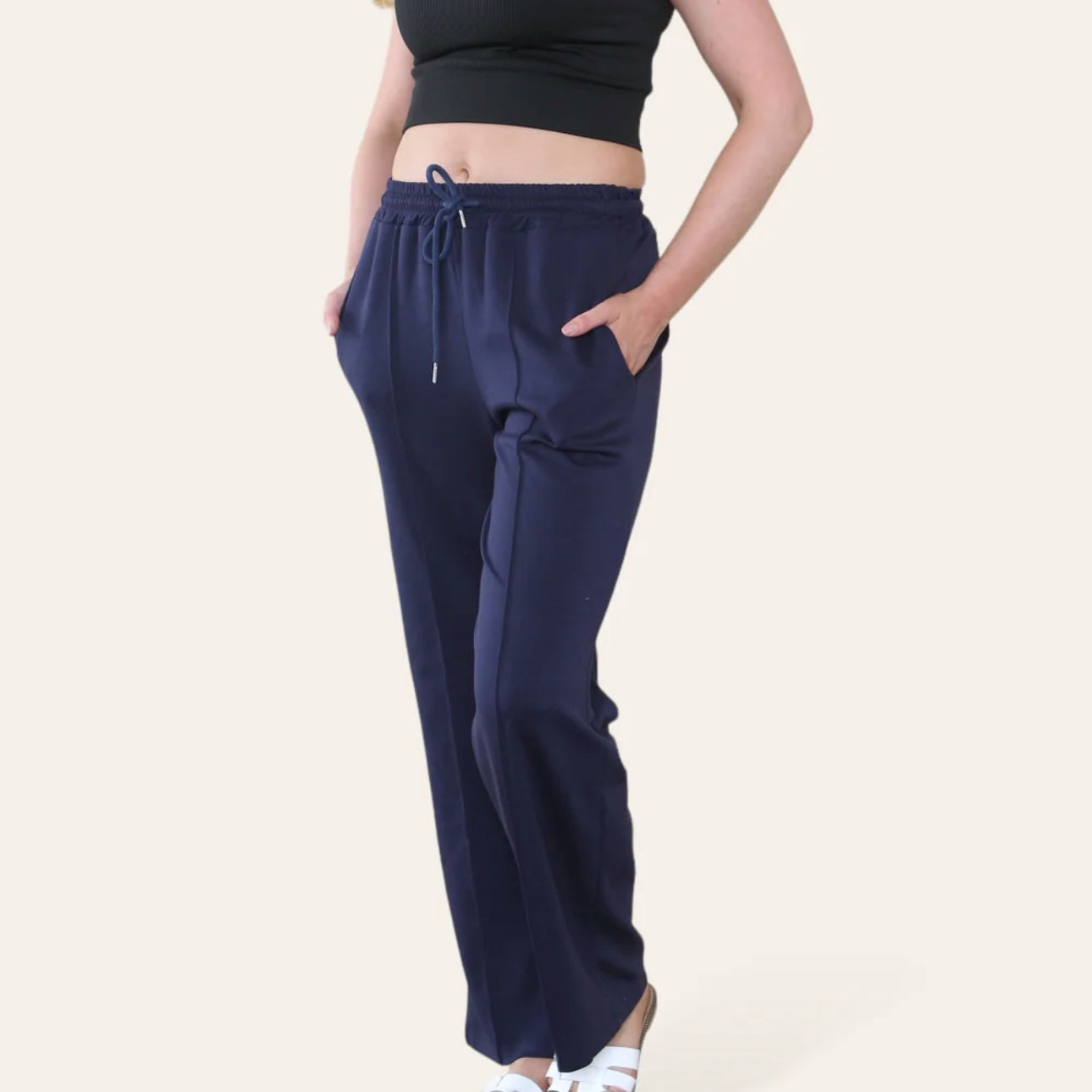 Trudy: Navy stretchy wide leg pocket trousers. 2 sizes