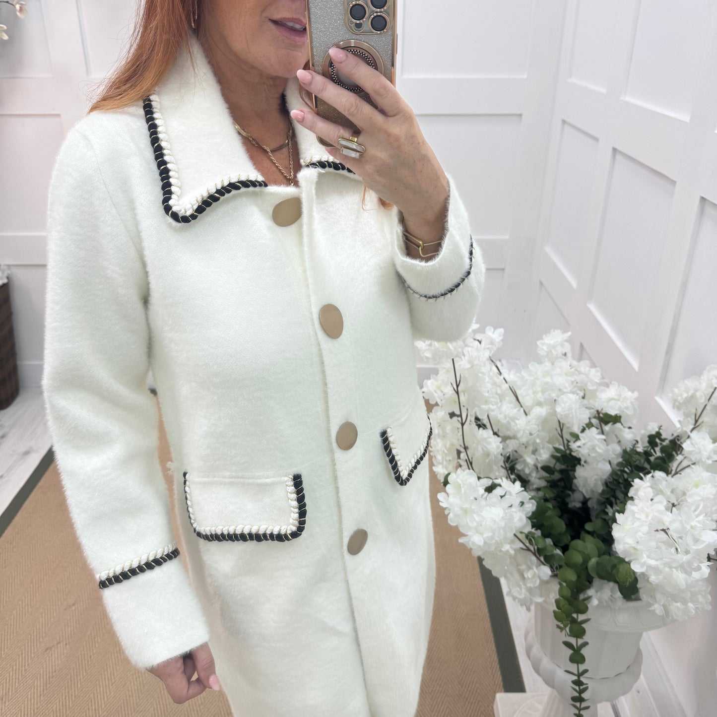 Ivy: White gold button long coatigan. One size 10-16