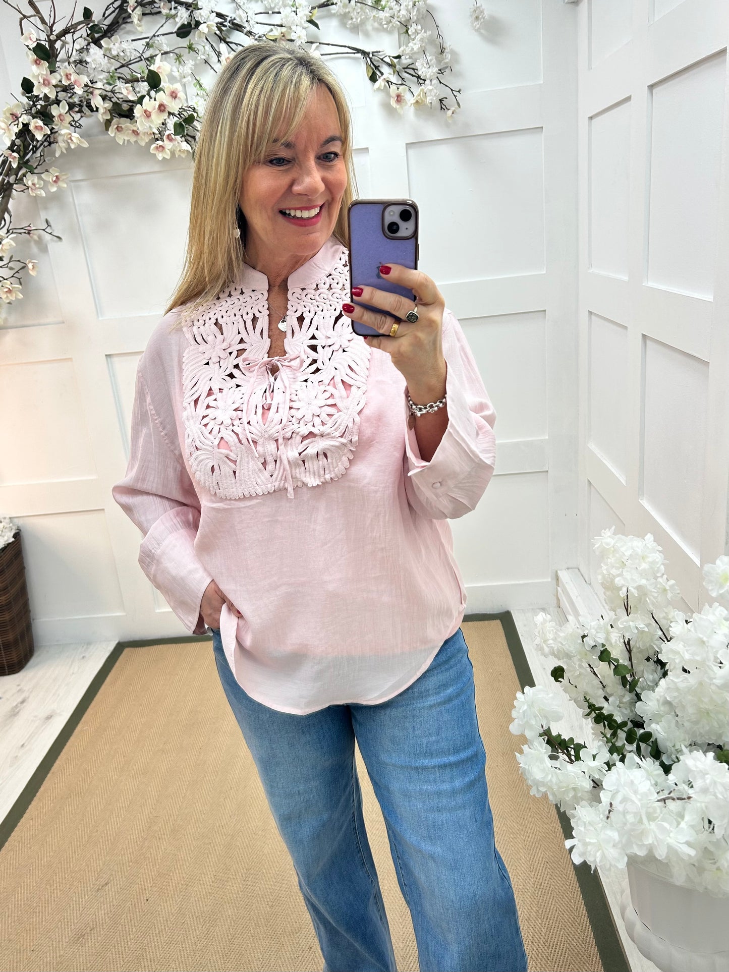 Natalie: Pink crochet tie front blouse top. One size: 14-18