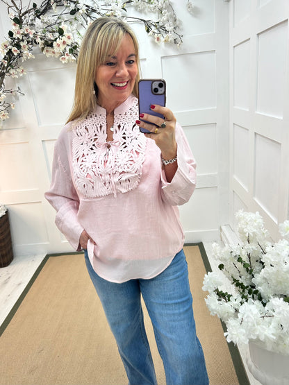 Natalie: Pink crochet tie front blouse top. One size: 14-18