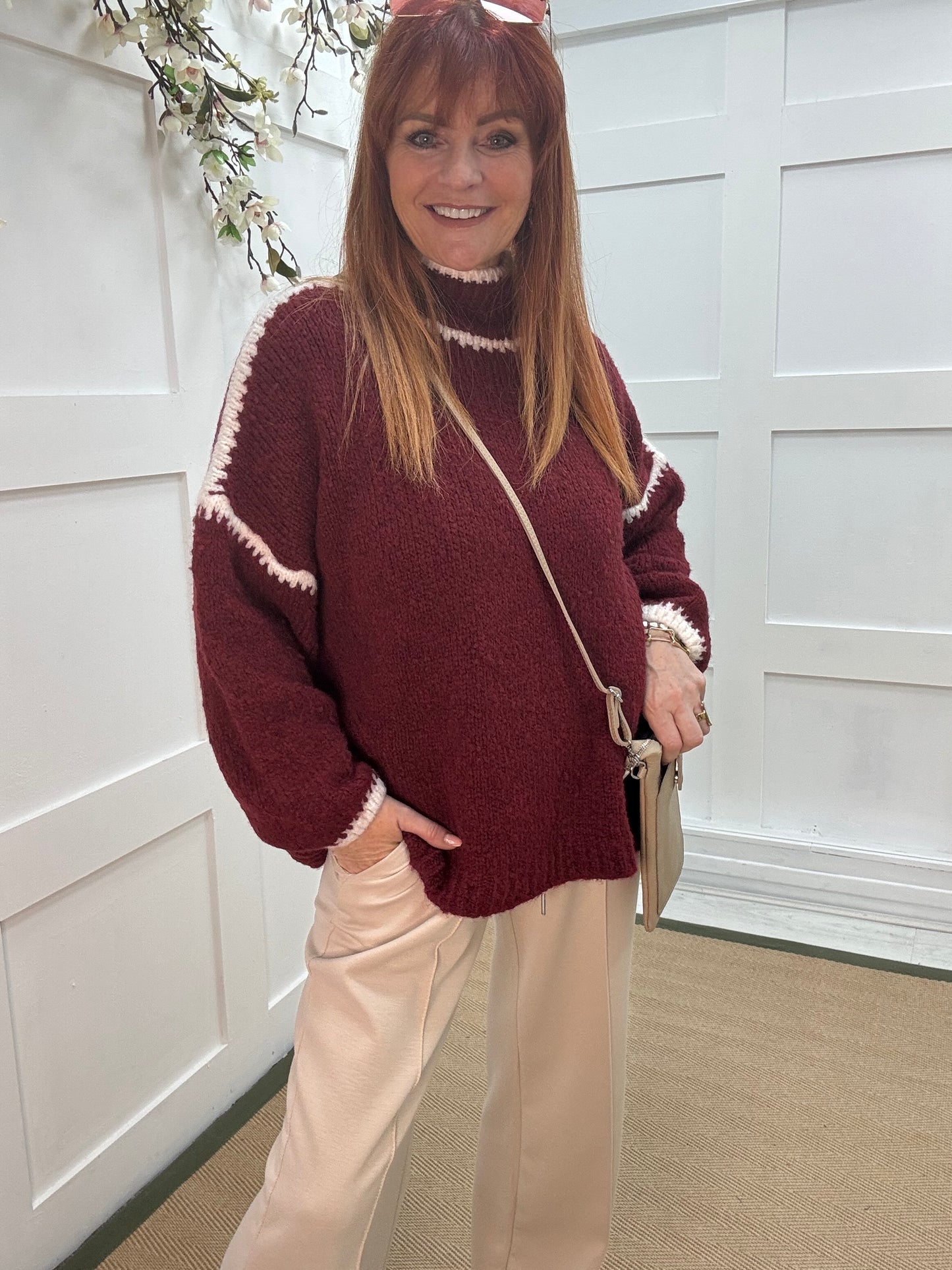 Sonia: Burgundy & white slouchy jumper. One size 14-18