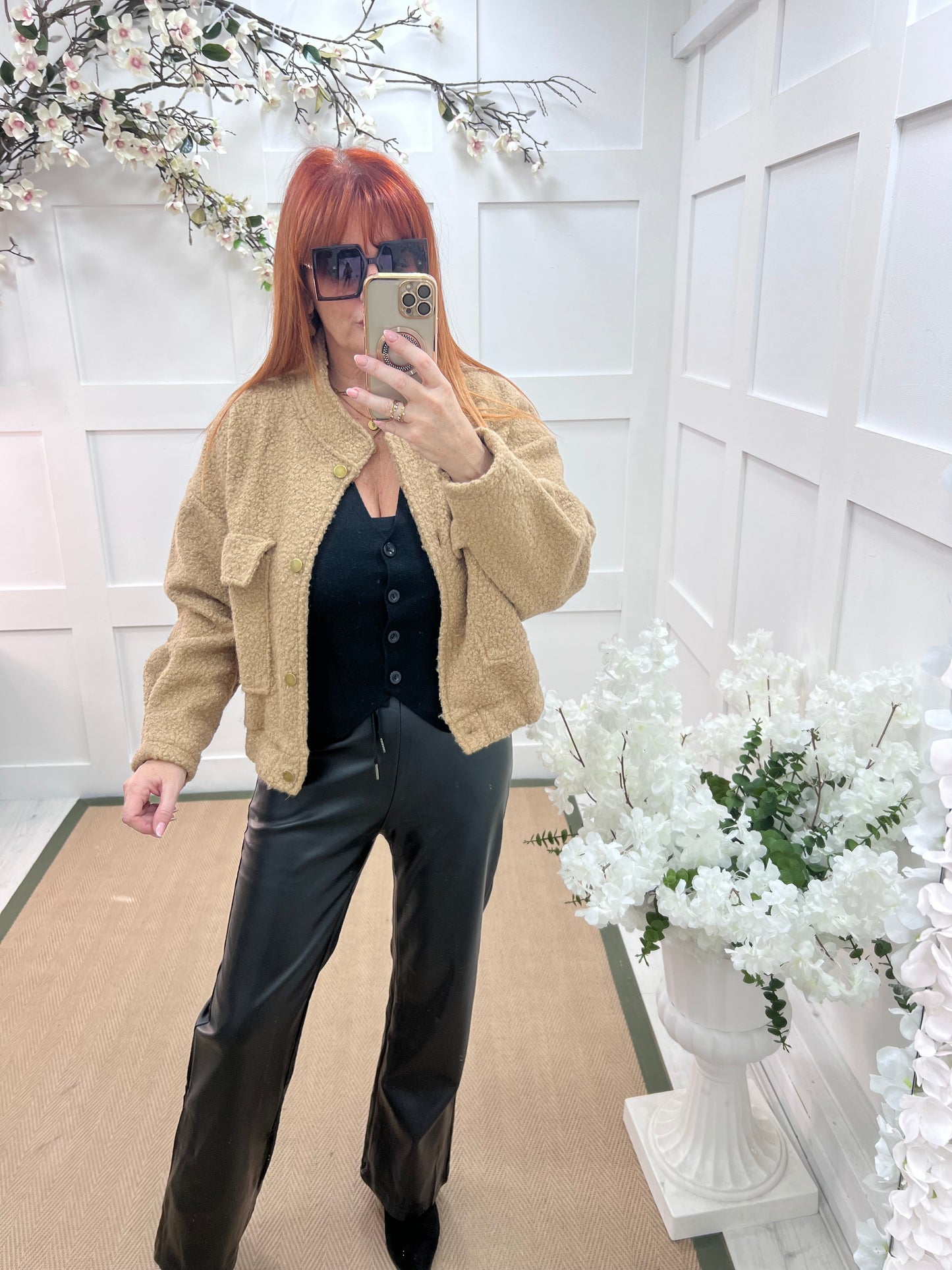 Kleo: Sand short boucle bomber jacket. One size: 12-18
