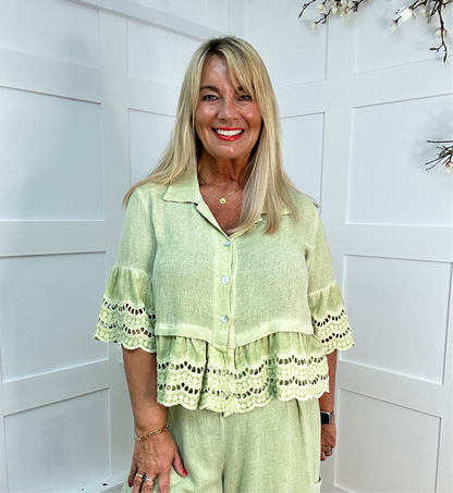 Mitzi: Apple green hop sack Broderie Anglaise top . One size: 12-18/20