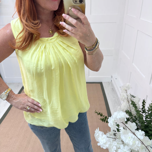 Jenna: Lemon silk sleeveless top. One size 10-18