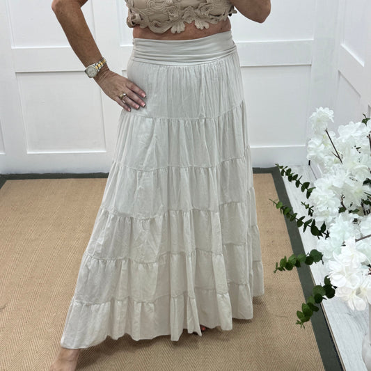 Pearl: Cream cotton tiered maxi skirt dress. One size: 10-16