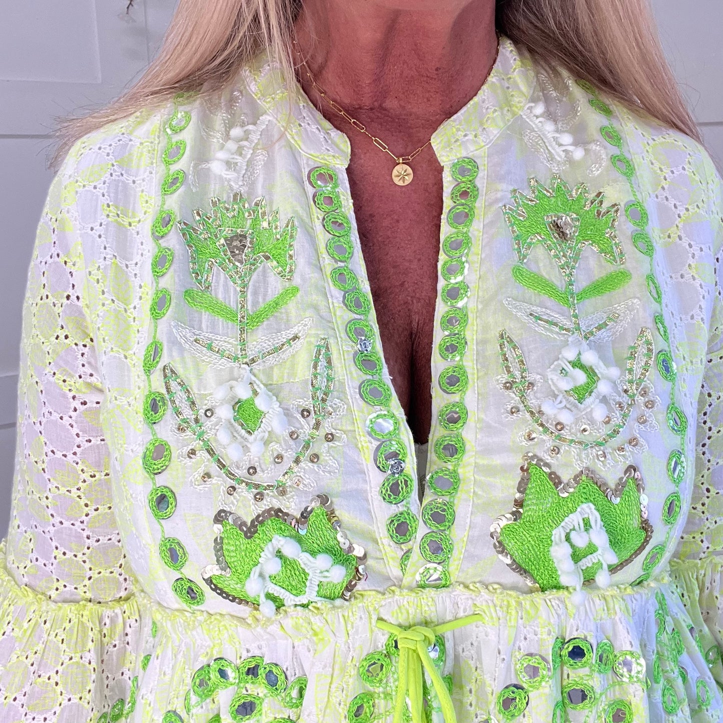 Skylar: Neon lime short embroidered sequin dress. One size: 12-18