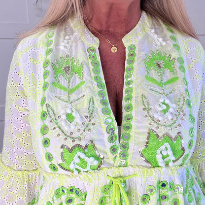 Skylar: Neon lime short embroidered sequin dress. One size: 12-18