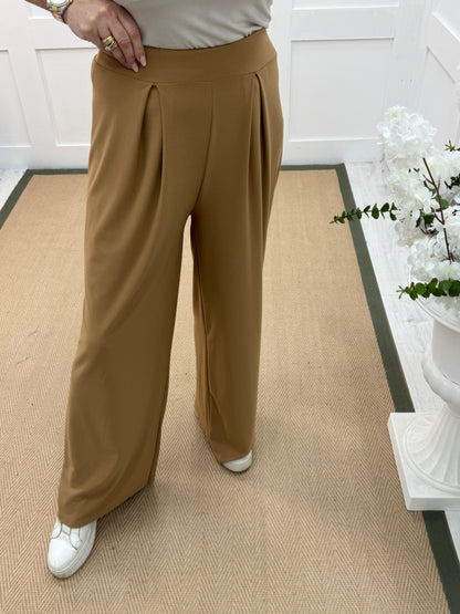 Danielle: Sand stretchy wide leg trousers One Size: 10-16
