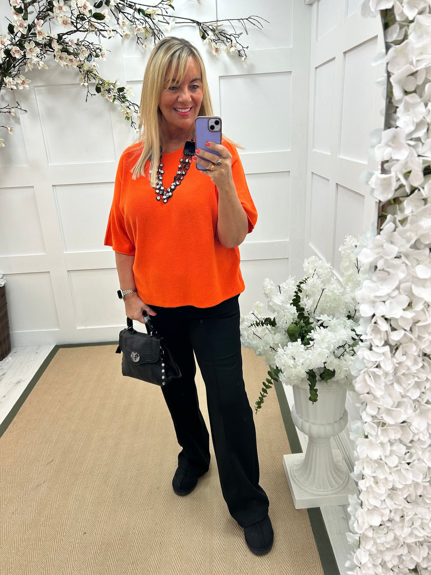 Carys: Orange short knitted top. One size: 12-18/20