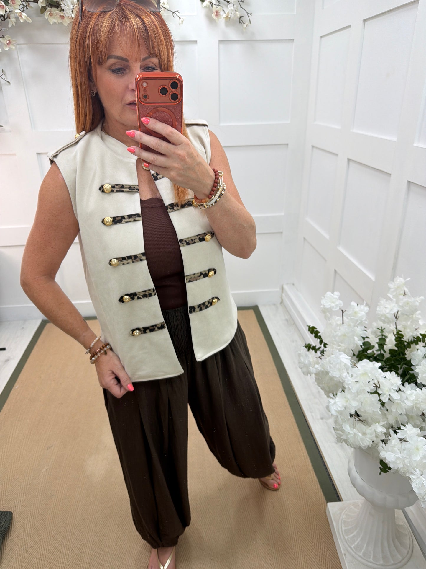 Lyla: Military leopard detail waistcoat. One size: 10-16. 2 colours