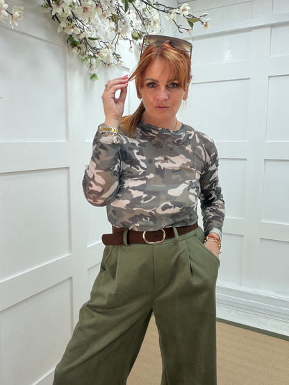 Maddox: Camo print sheer mesh top. 10-18. 2 colours