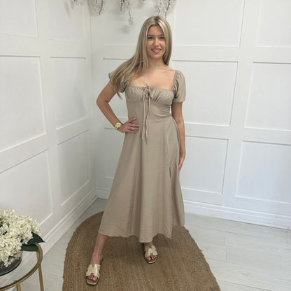 Jude: Mocha short sleeve midi dress. One size 8-12