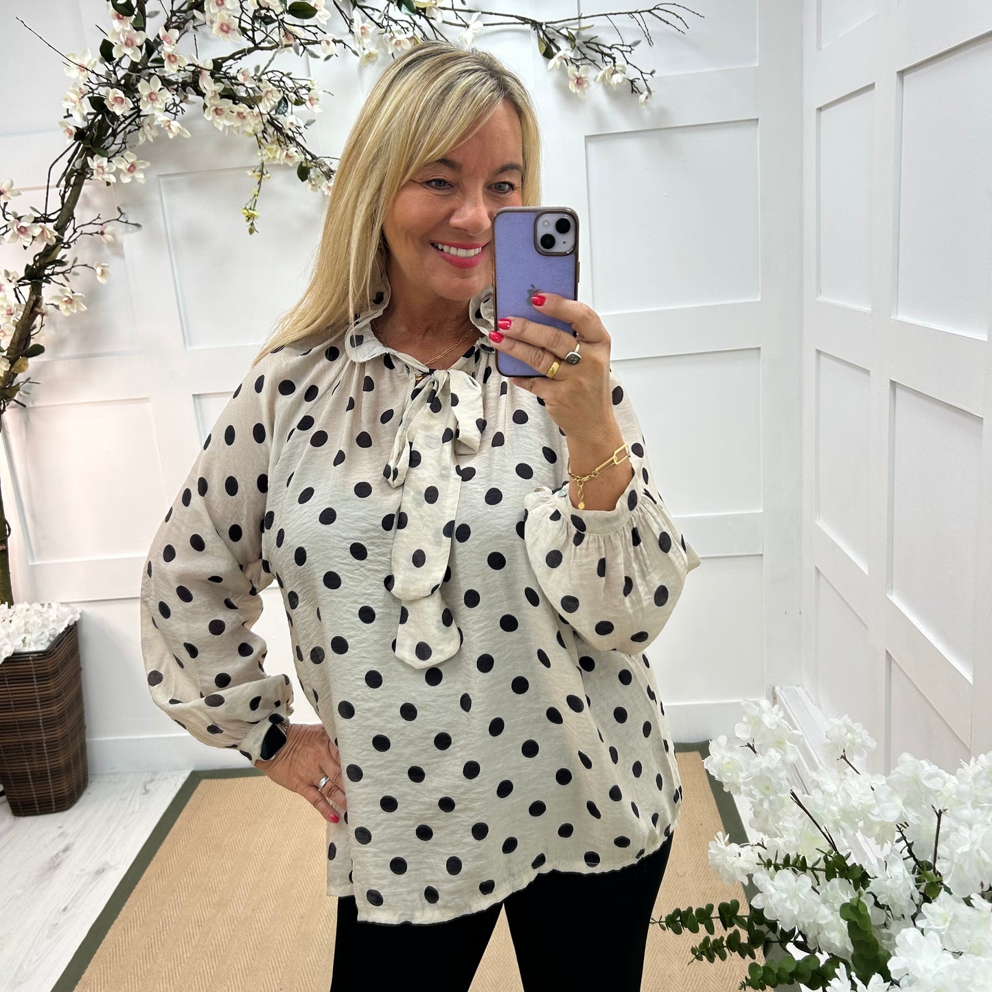 Dotty: Cream & black spotty tie top. One size: 14-20