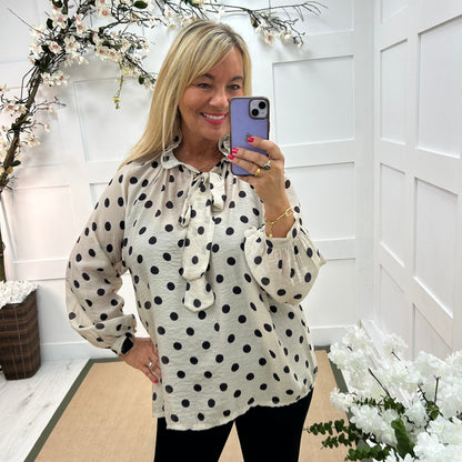 Dotty: Cream & black spotty tie top. One size: 14-20