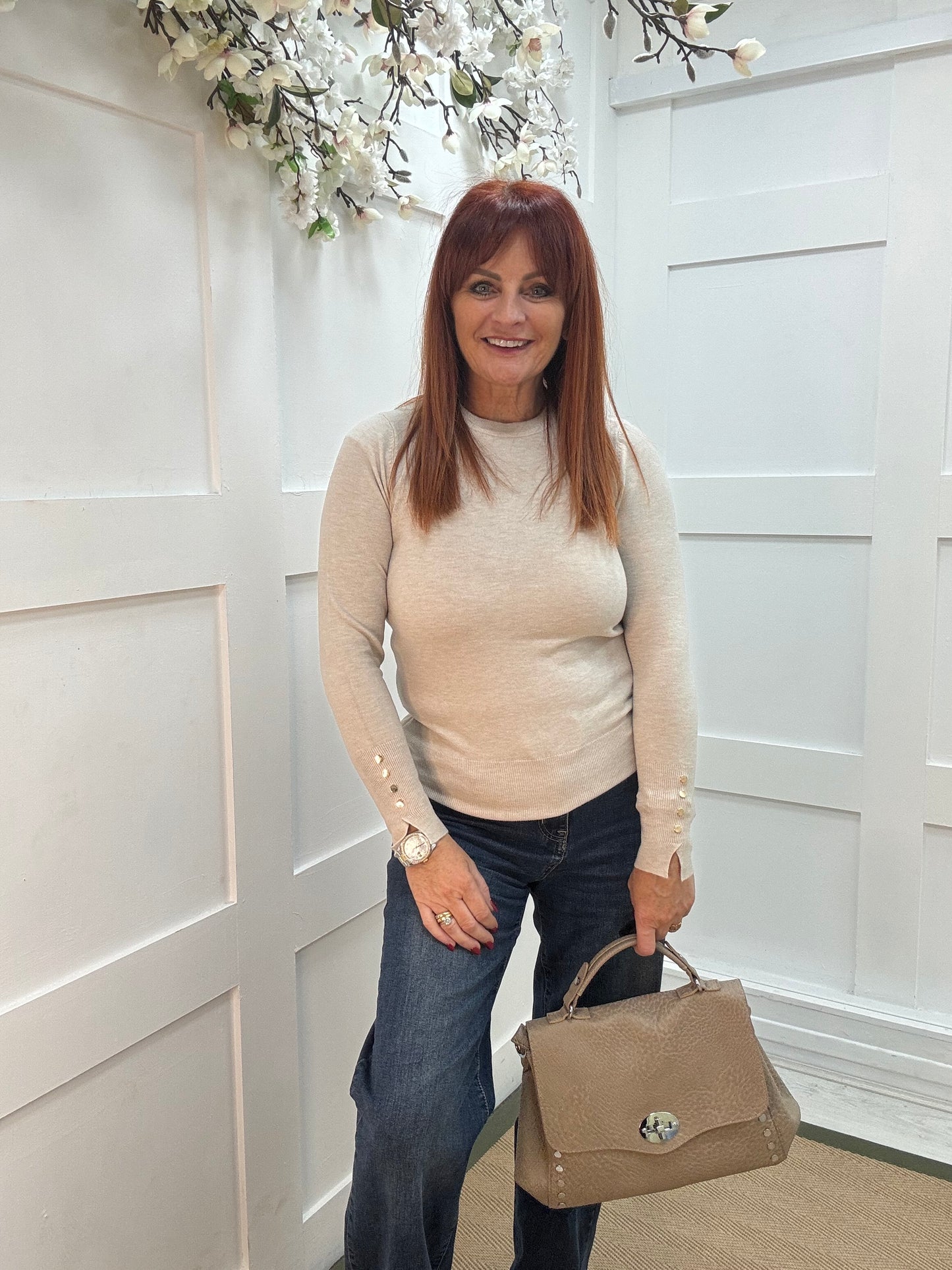 Lulu: Beige gold button knitted top. One Sz: 8-14