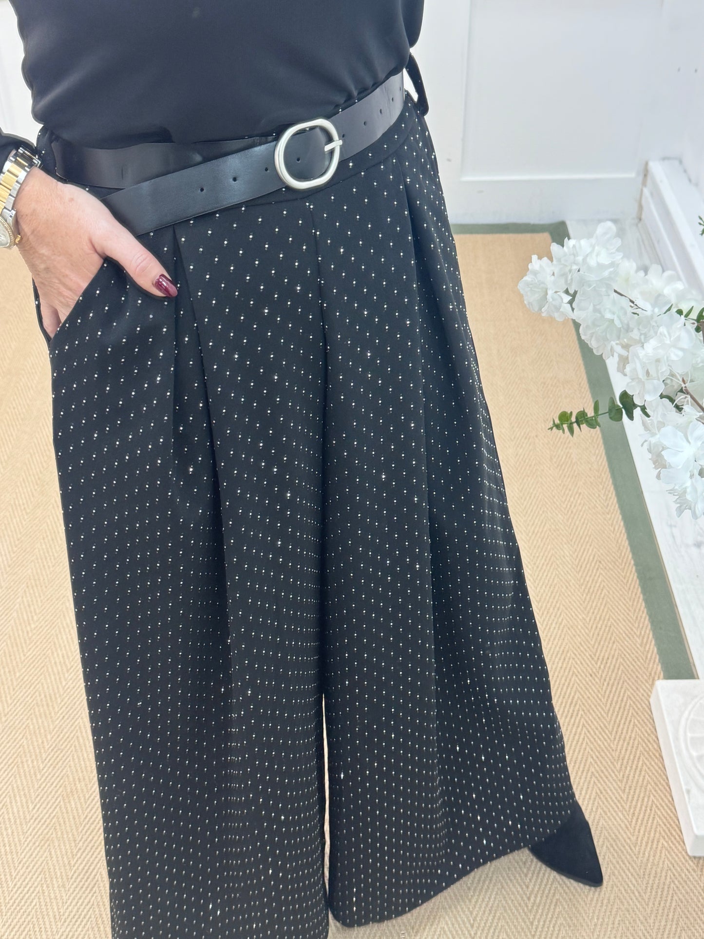 Davina: Black diamanté palazzo trousers. One size: 12-18