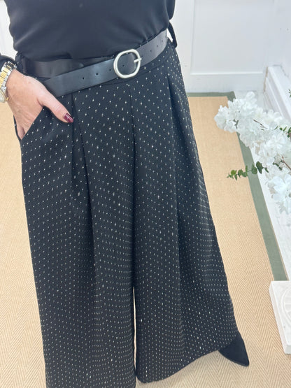 Davina: Black diamanté palazzo trousers. One size: 12-18