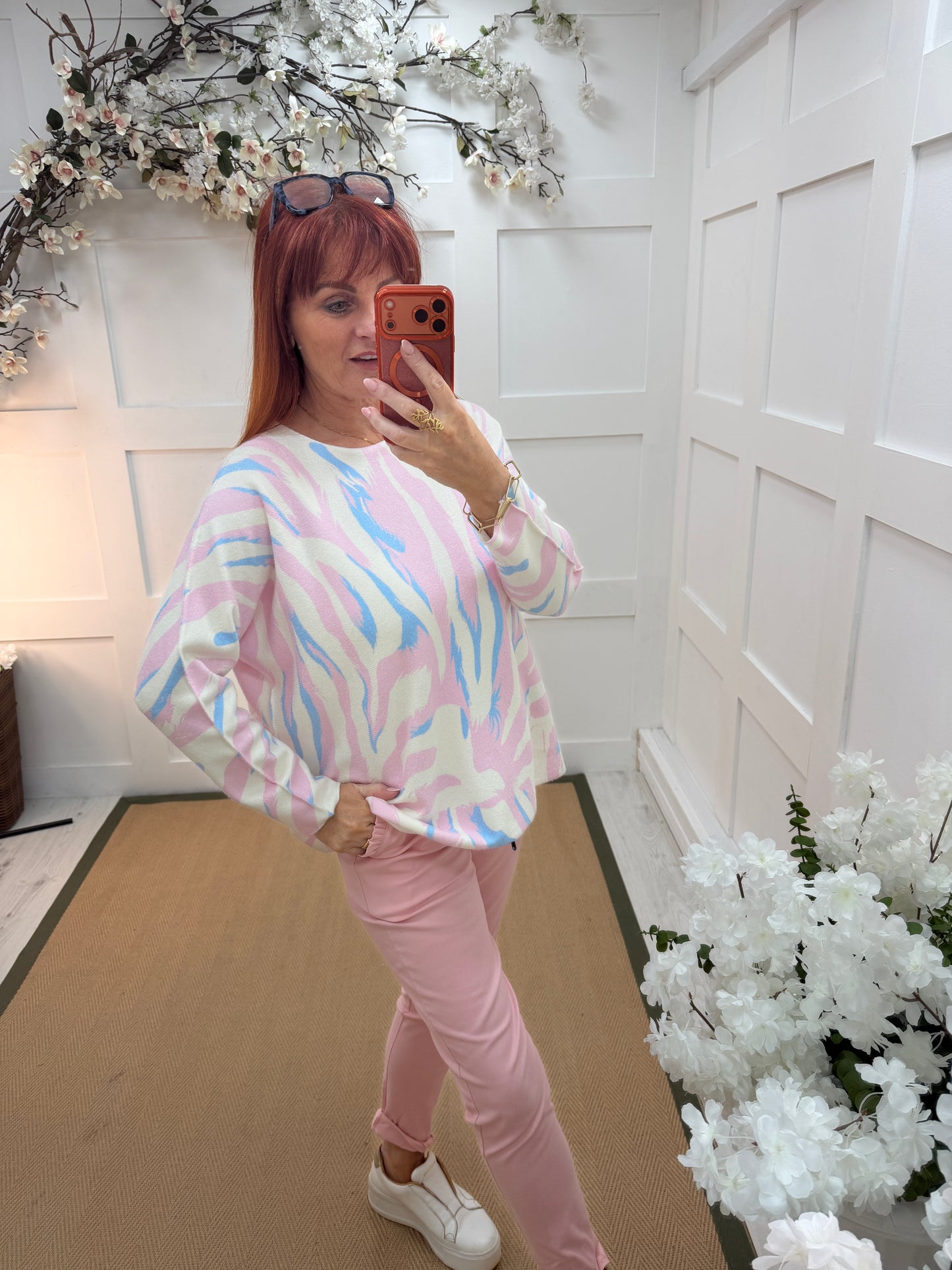 Lilia: Pink & blue zebra print long sleeve top. One size: 12-20