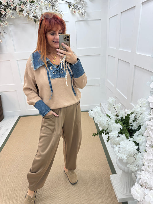 Malin: Sand denim collar long sleeve top. One size: 12-18