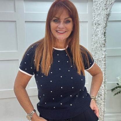 Noelle: Navy stretchy knit rhinestone top. 2 sizes