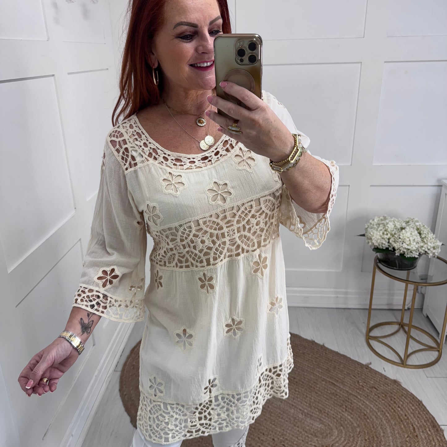Lydia: Longline cream lace tunic top. One size: 10-16