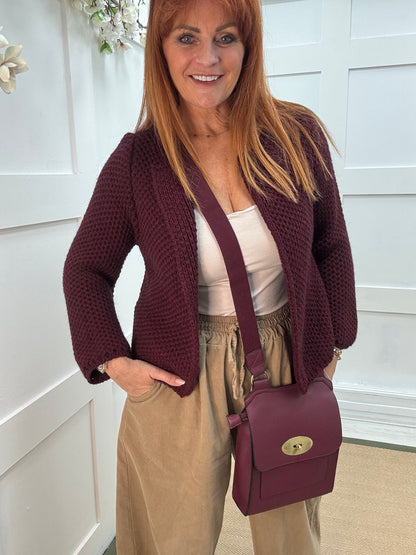 Skye: Burgundy knitted boxcut cardigan. One size: 10-18