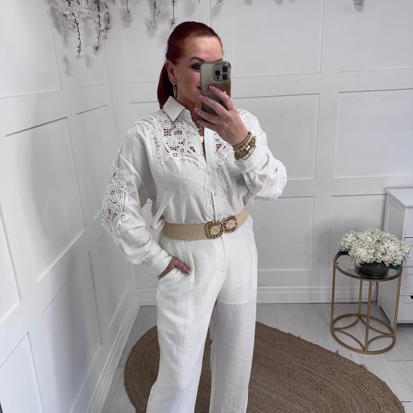 Skye: White oversized crochet shirt. One size: 16-20