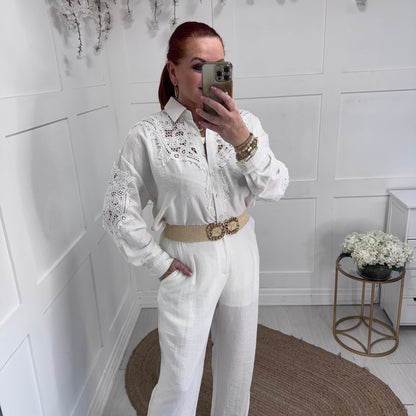 Skye: White oversized crochet shirt. One size: 16-20