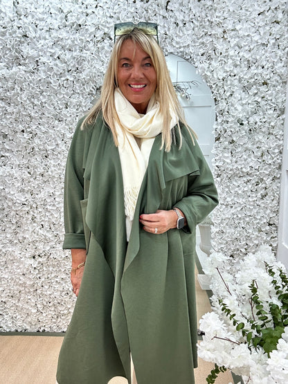 Marlowe: Khaki waterfall coat with pockets. One size 14-20