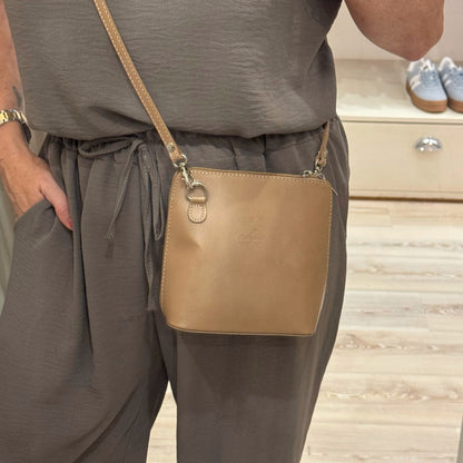 Thea: Taupe leather cross body/clutch bag.