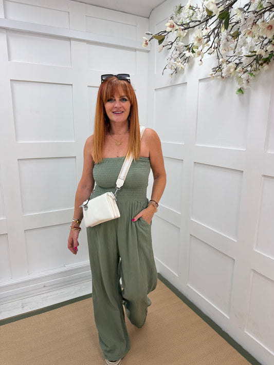 Hollie: Cotton bandeau wide leg jumpsuit. One size: 12-16. 5 colours