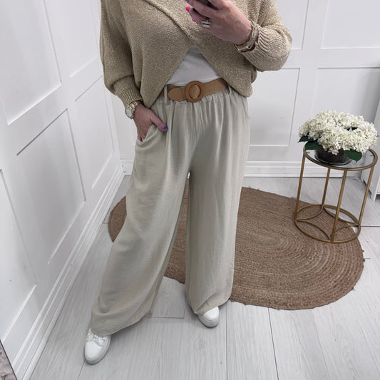 Maxine: Cream wide leg belted trousers. 2 sizes