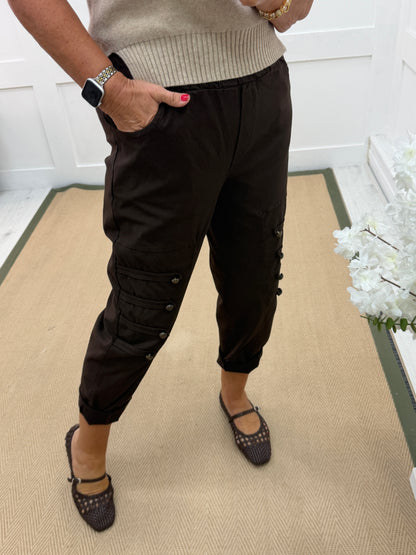 Mika: Stretchy military button detail magic trousers. One size 14-18. 3 colours