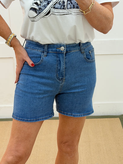 Daisy: Denim blue stretchy shorts. Sizes: 8-16