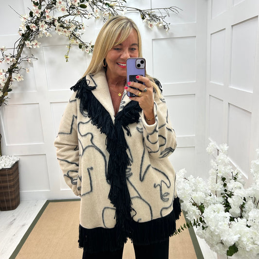 Ottilie: Cream wool fringe abstract coat. One size 14-20