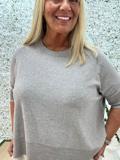 Josie: Mocha short sleeve sparkle top. One Sz: 12-18