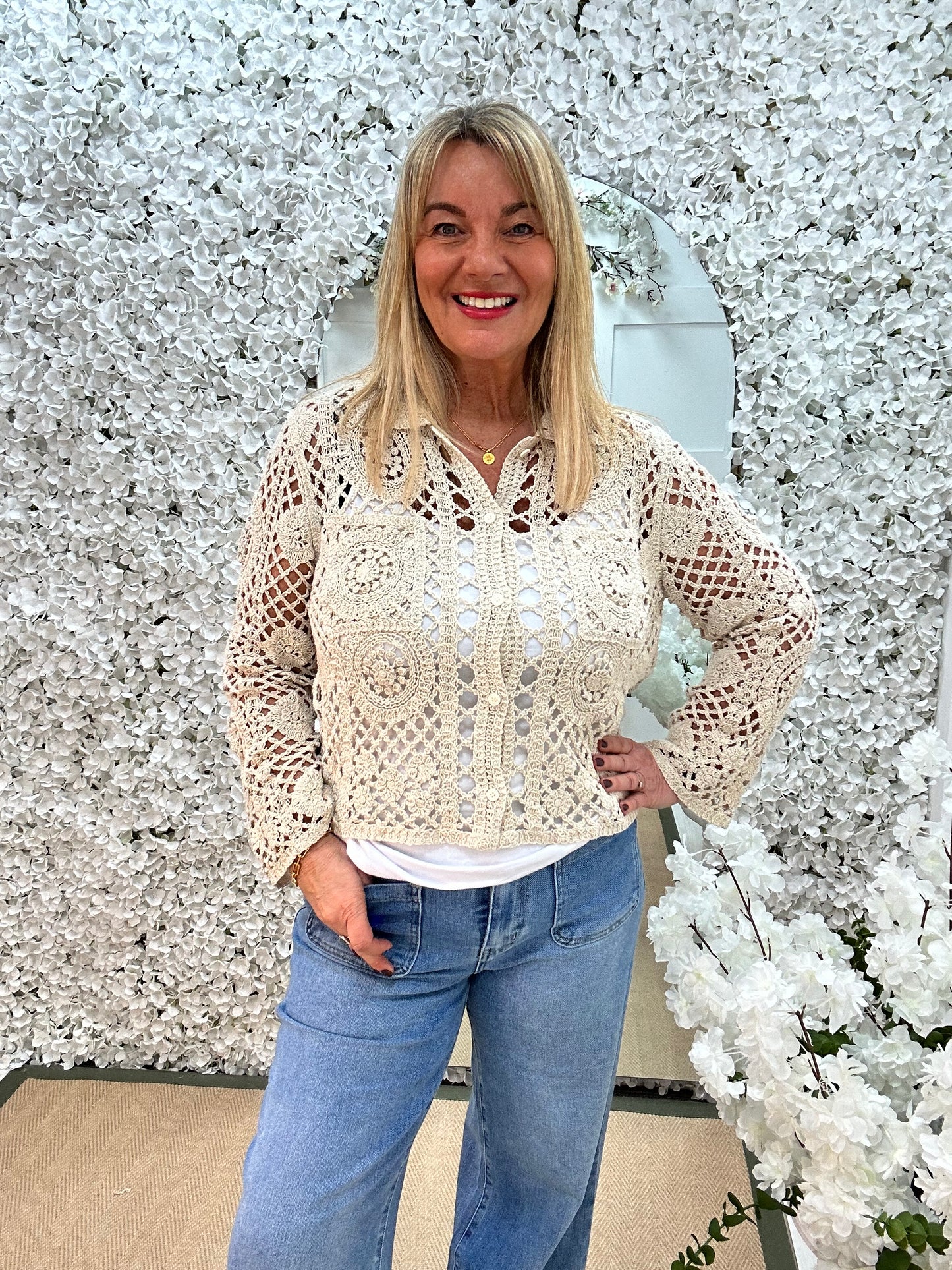 Lainey: Cream crochet shirt top. One size: 12-16