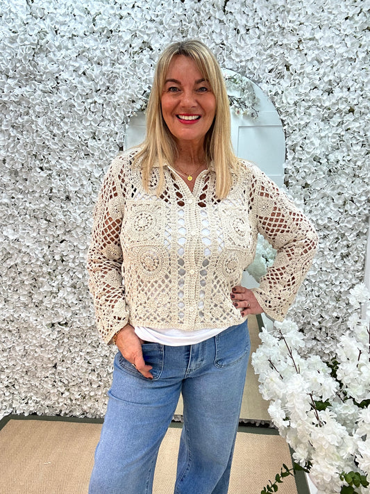 Lainey: Cream crochet shirt top. One size: 12-16