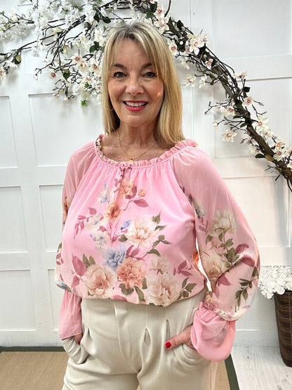 Sybil: Pink floral bardot top. One size 12-16
