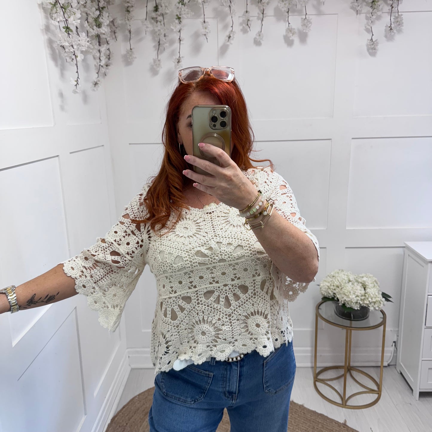 Ellie: Cream fluted arm crochet top & vest. One size: 10-16