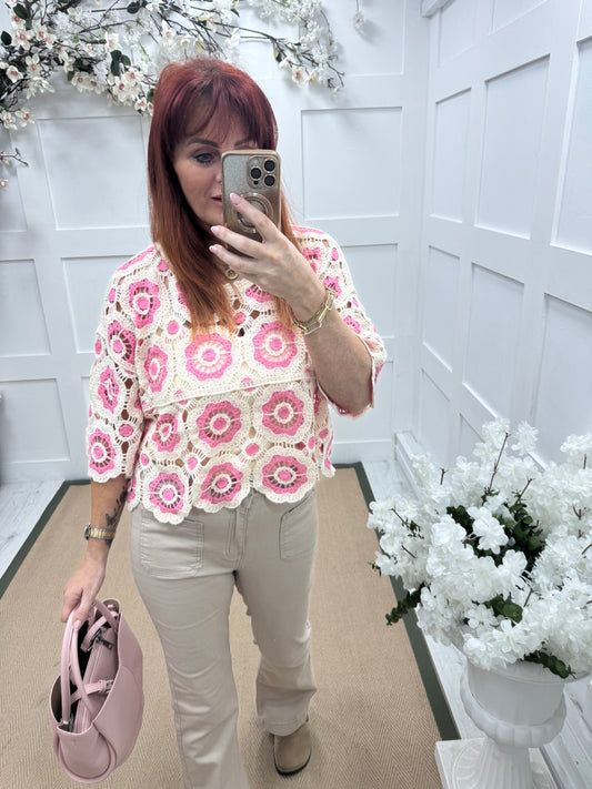 Candy: Pink and cream short crochet top. One size: 12-16