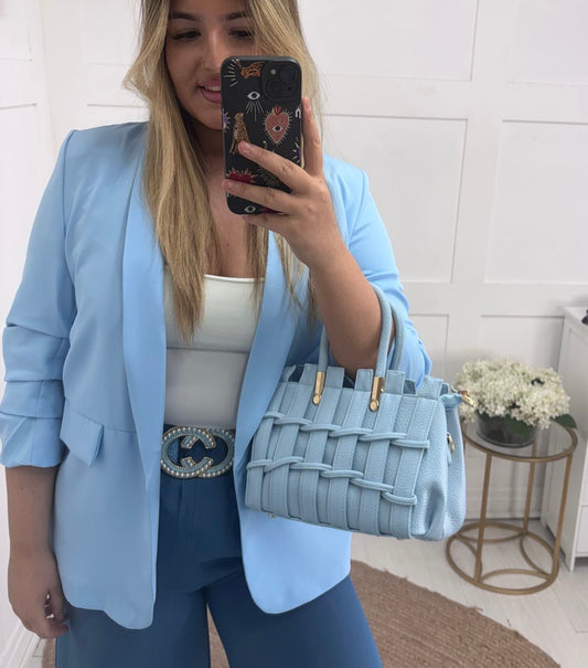 Misha: Small blue weave tote bag